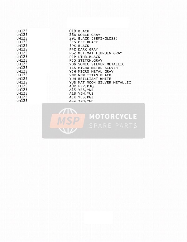 Suzuki UH125A BURGMAN 2015 Colour Chart for a 2015 Suzuki UH125A BURGMAN